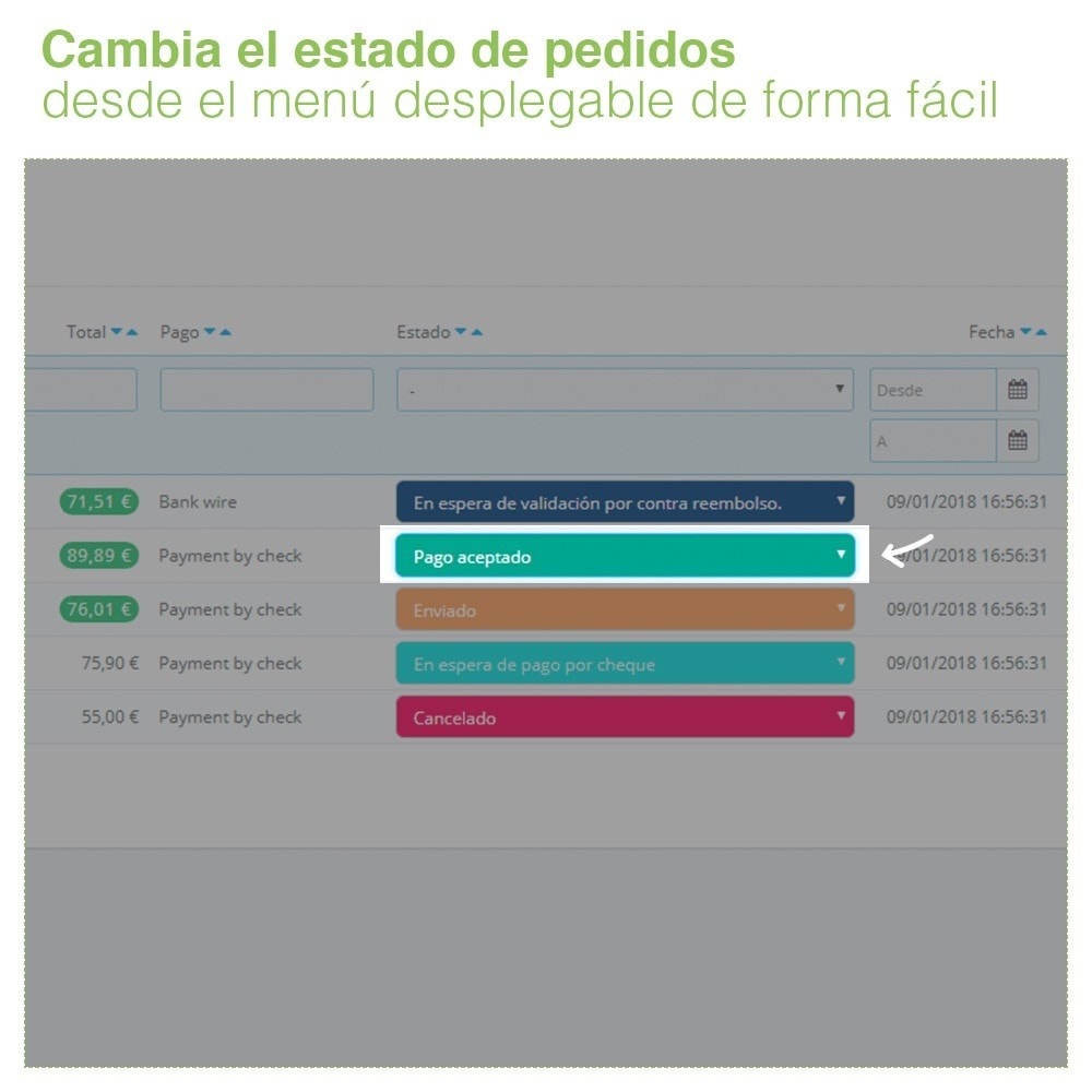 Módulo Prestashop Cambiar Estado de Pedidos desde el Listado de Pedidos