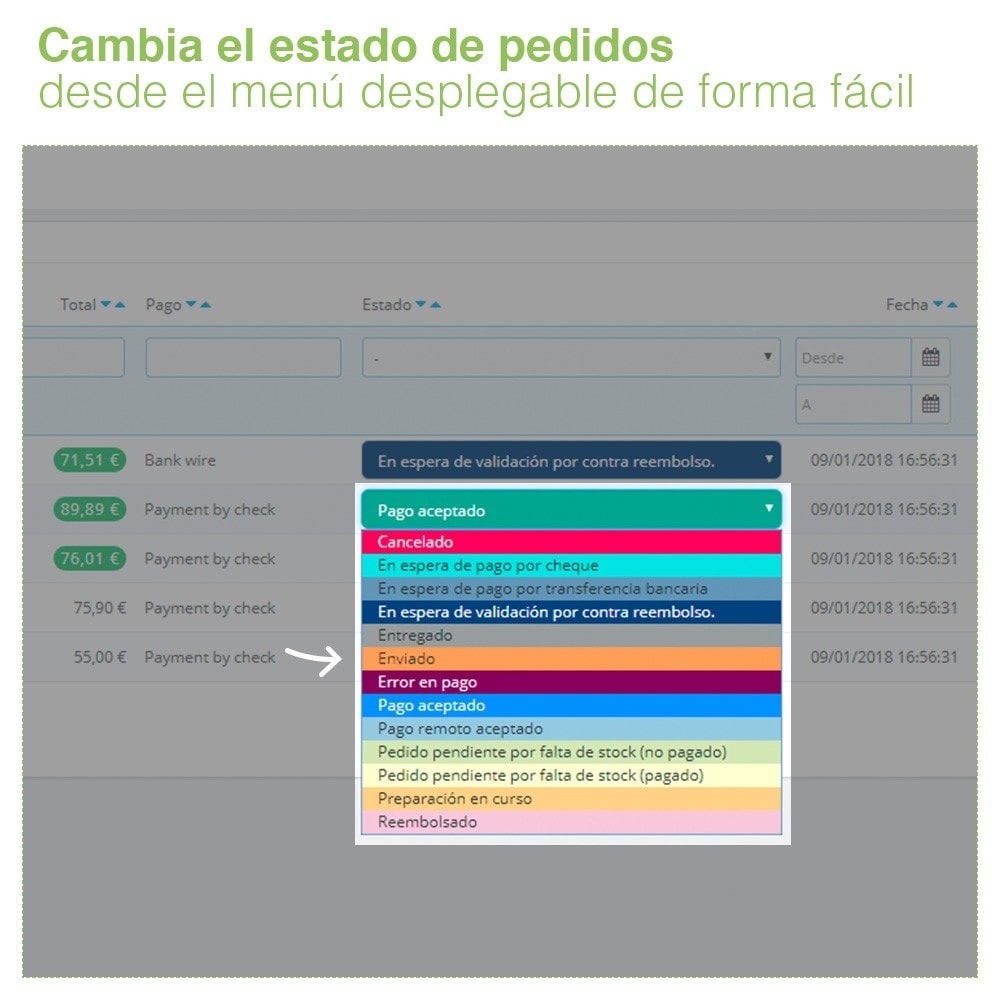 Módulo Prestashop Cambiar Estado de Pedidos desde el Listado de Pedidos